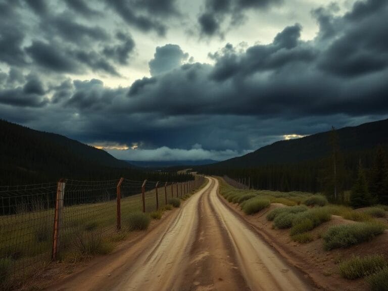 Flick International A desolate stretch of the U.S.-Canada northern border with an old, rusted fence and ominous clouds overhead.
