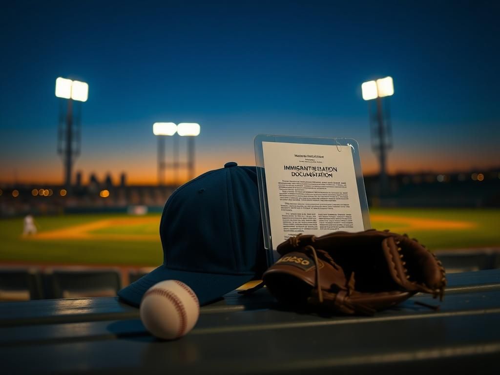 Flick International Still life of baseball cap and immigration documentation on a bench at dusk