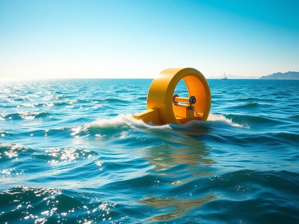 Flick International A large yellow water pendulum turbine floating on serene ocean waves under a bright blue sky