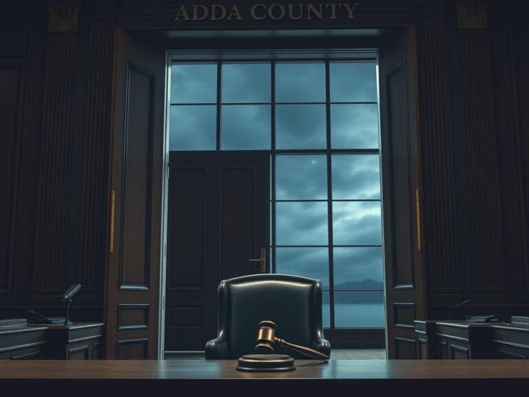 Flick International Somber courtroom scene in Ada County Courthouse with empty defendant's chair