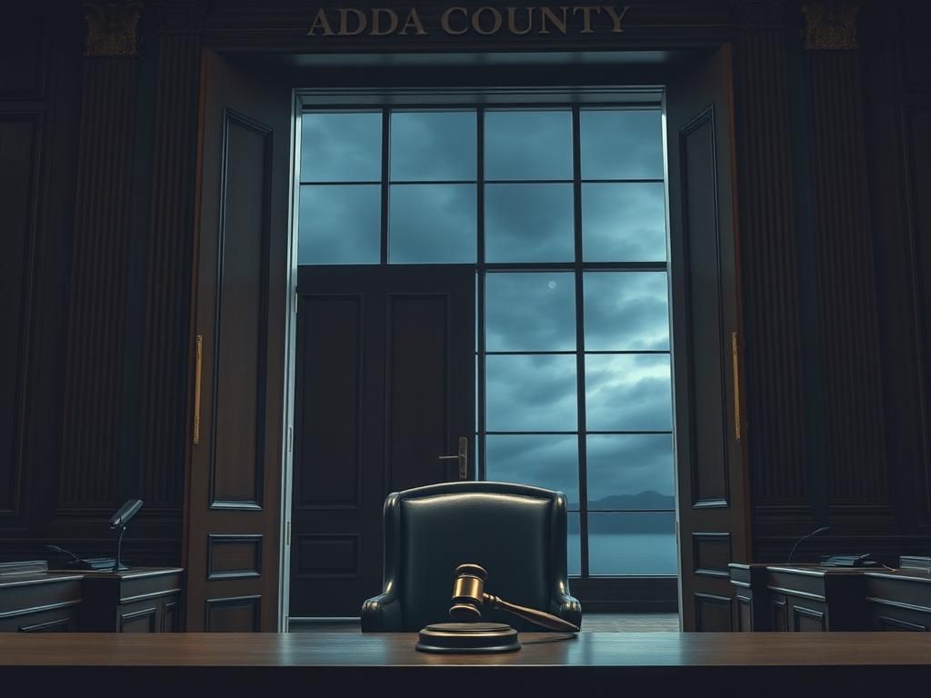 Flick International Somber courtroom scene in Ada County Courthouse with empty defendant's chair