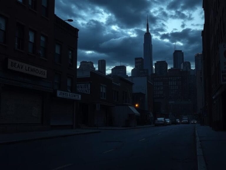 Flick International Somber urban landscape of New York City at dusk highlighting empty Jewish businesses