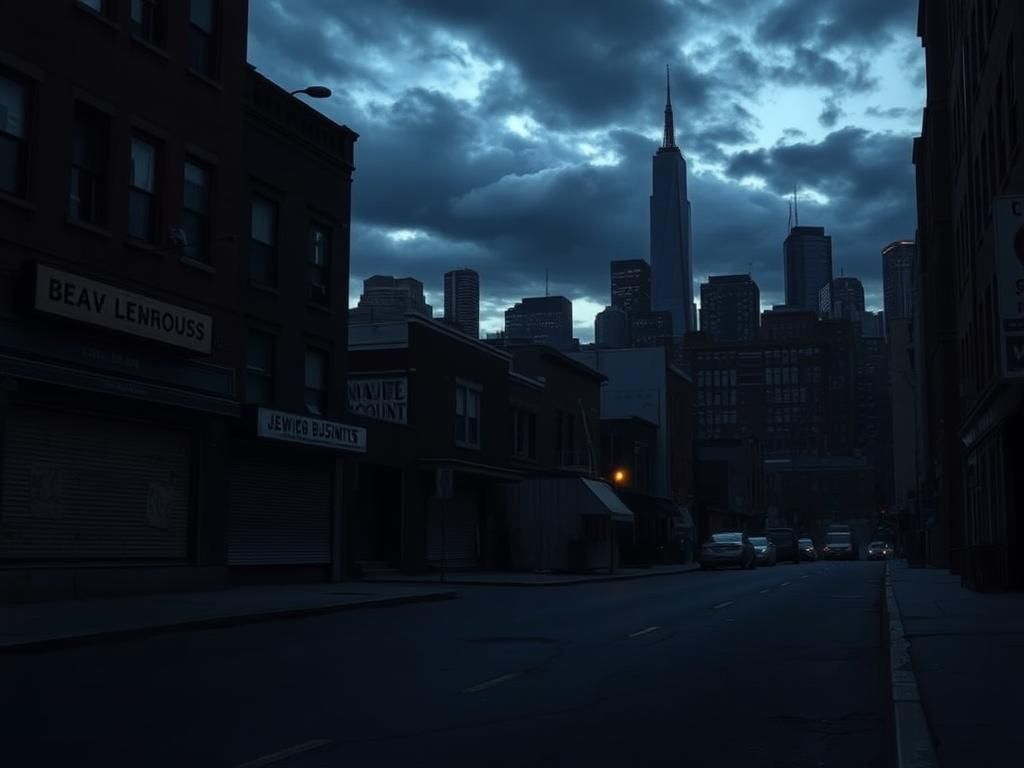 Flick International Somber urban landscape of New York City at dusk highlighting empty Jewish businesses