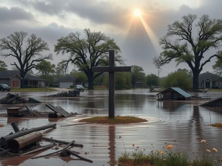Flick International Aftermath of a flood in Kerrville, Texas, showing damaged homes and resilient oak trees