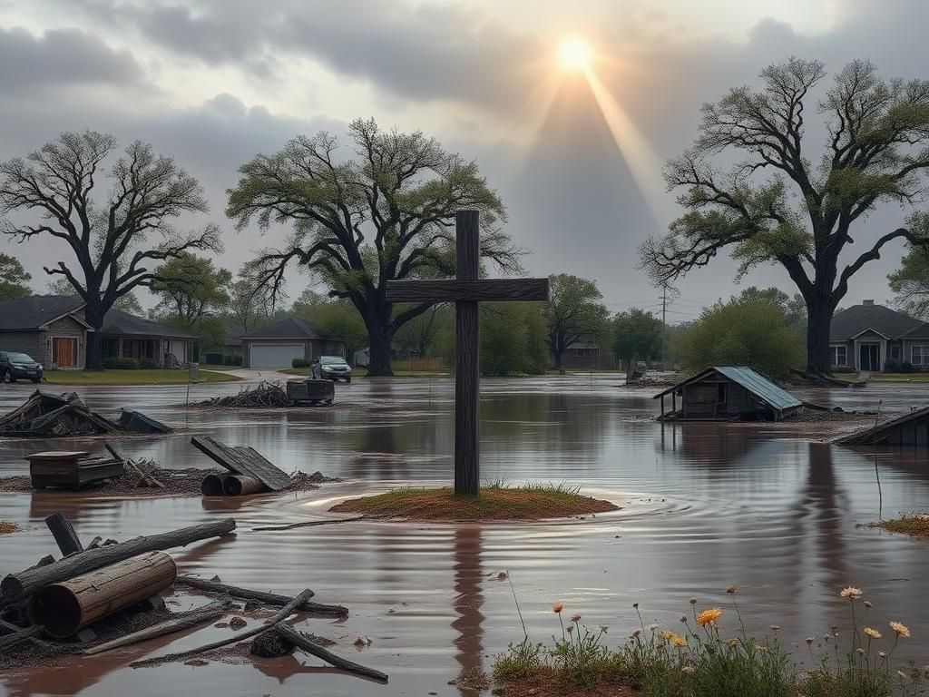 Flick International Aftermath of a flood in Kerrville, Texas, showing damaged homes and resilient oak trees
