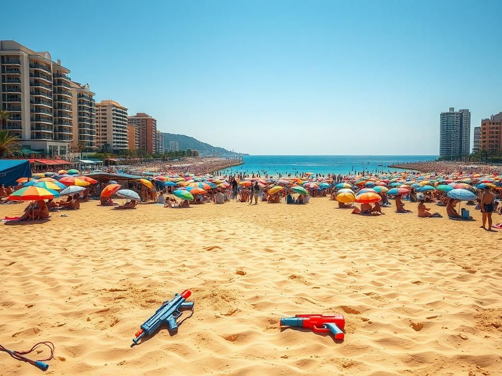 Flick International A crowded summer beach scene contrasting vibrant visitors with neglected spaces