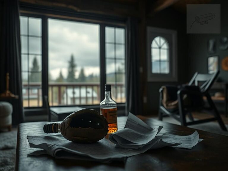 Flick International A dimly lit living room in Tahoe City, California, featuring a baseball glove, whiskey bottle, and crumpled blueprints.