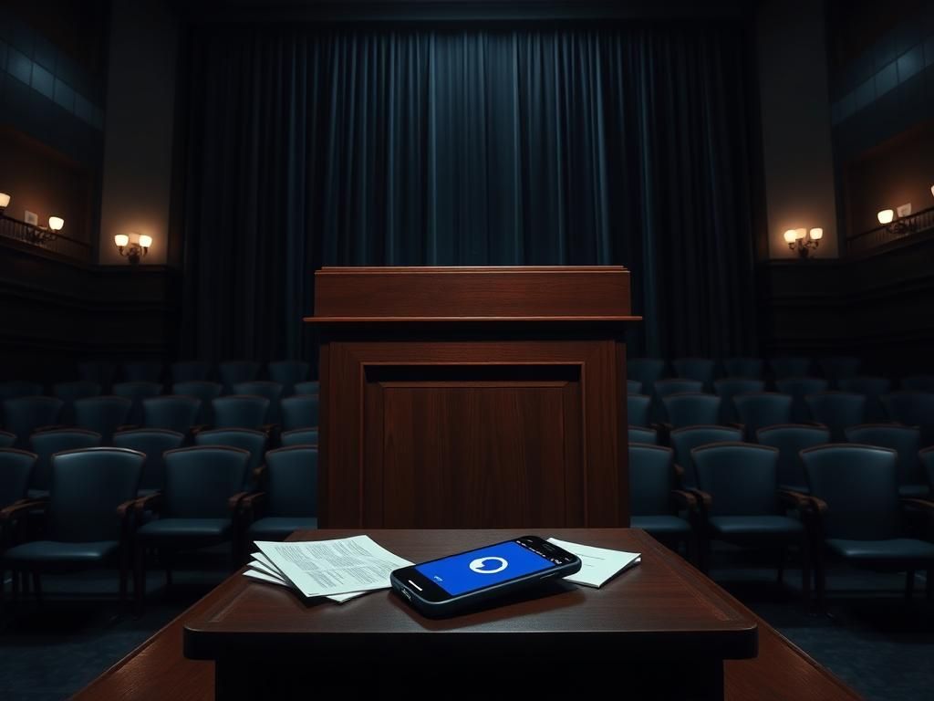 Flick International Shadowy Senate hearing chamber with a large wooden podium symbolizing authority and accountability