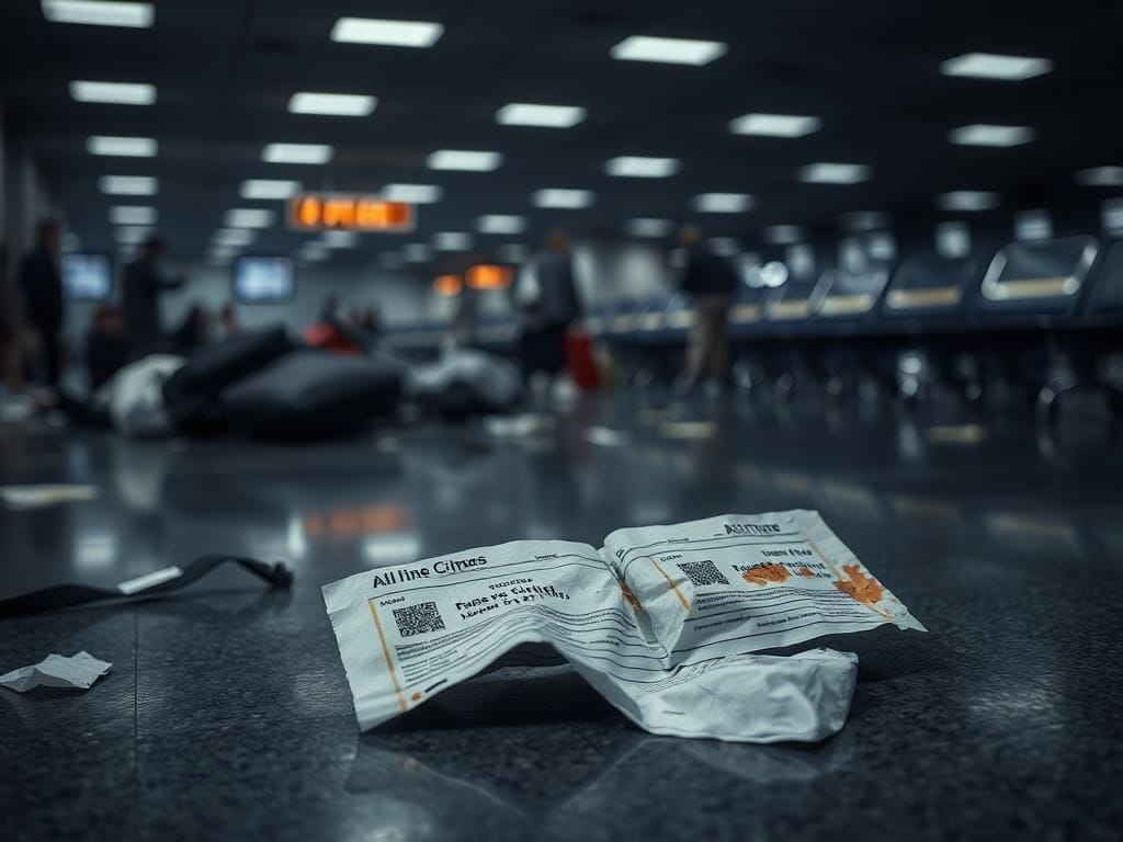 Flick International Dimly lit airport baggage claim scene with scattered luggage and a crumpled airline ticket