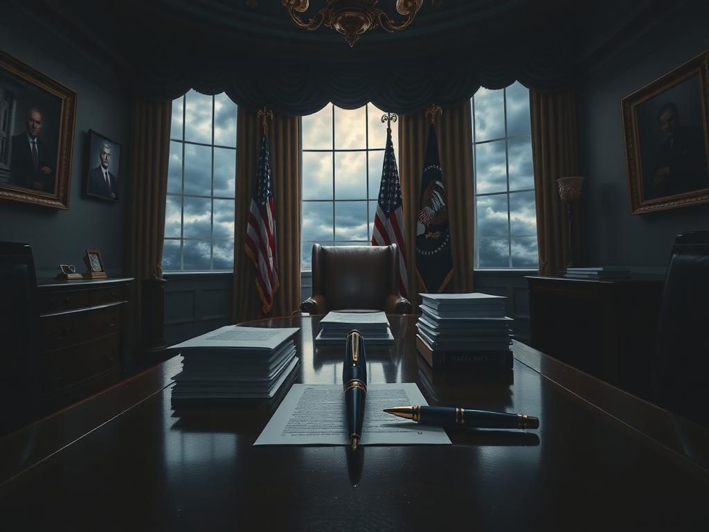 Flick International Dramatic scene inside a presidential office with an autopen and official documents