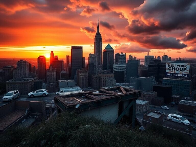 Flick International Aerial view of New York City at sunset with iconic skyscrapers and crumbling infrastructure
