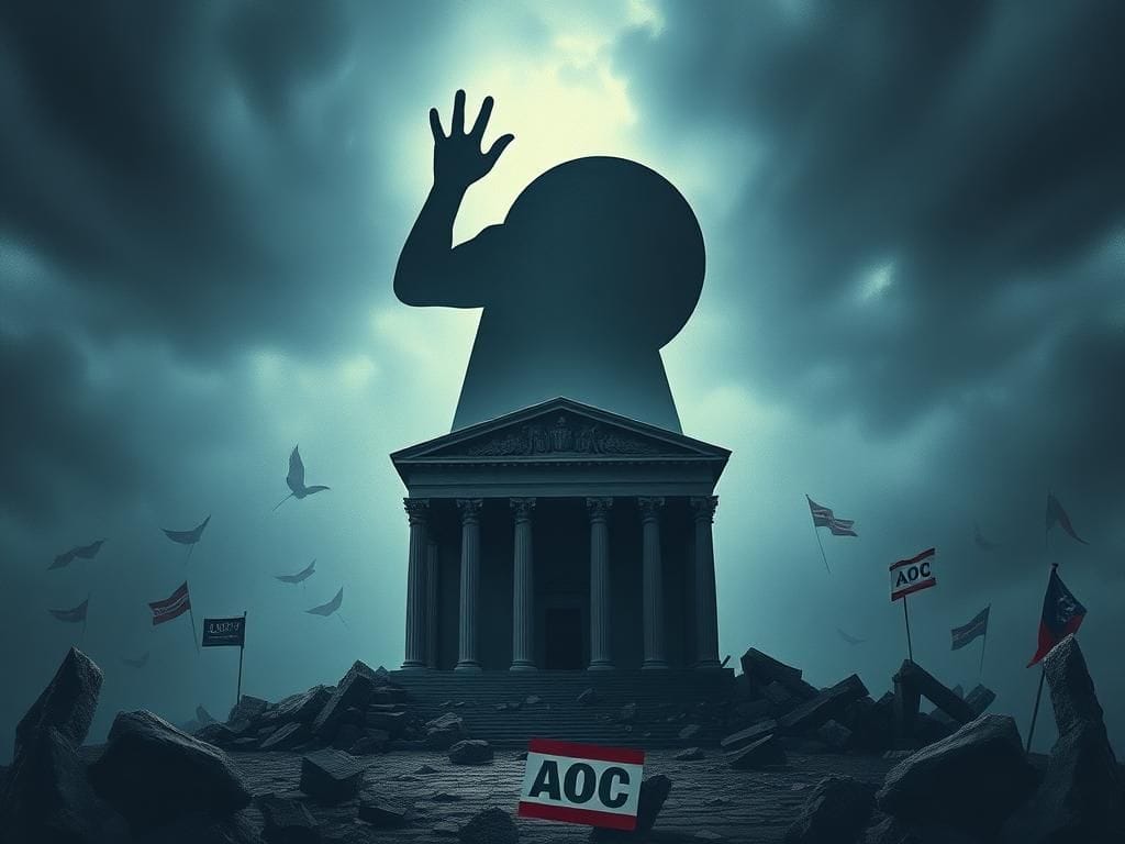 Flick International Dramatic depiction of a crumbling Democratic Party represented by dilapidated pillars and an ominous shadow of 'AOC'