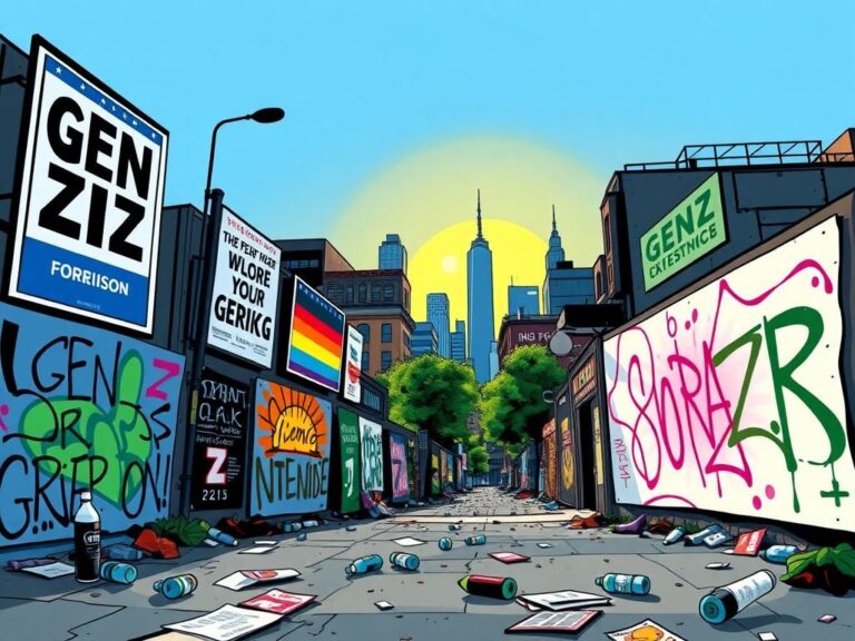 Flick International Vibrant urban landscape depicting Gen Z political activism with campaign posters and graffiti art