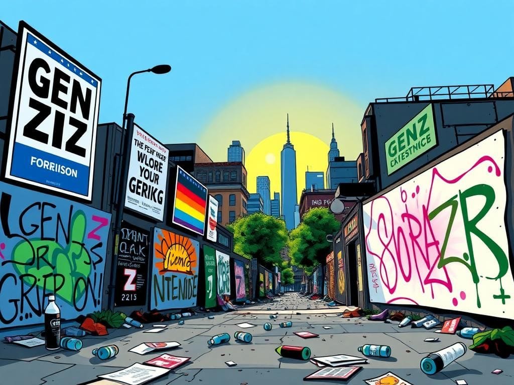 Flick International Vibrant urban landscape depicting Gen Z political activism with campaign posters and graffiti art