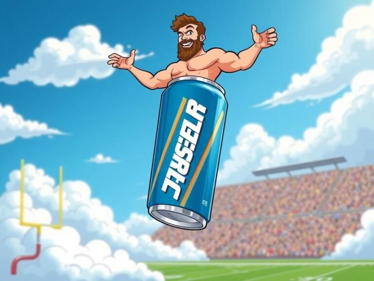 Flick International Cartoonish depiction of a naked Travis Kelce riding a flying Accelerator Energy can in a bright blue sky