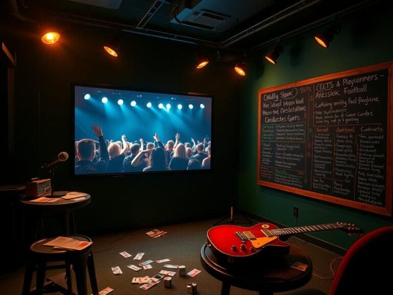 Flick International Dimly lit greenroom with a vintage microphone and electric guitar, symbolizing a concert atmosphere