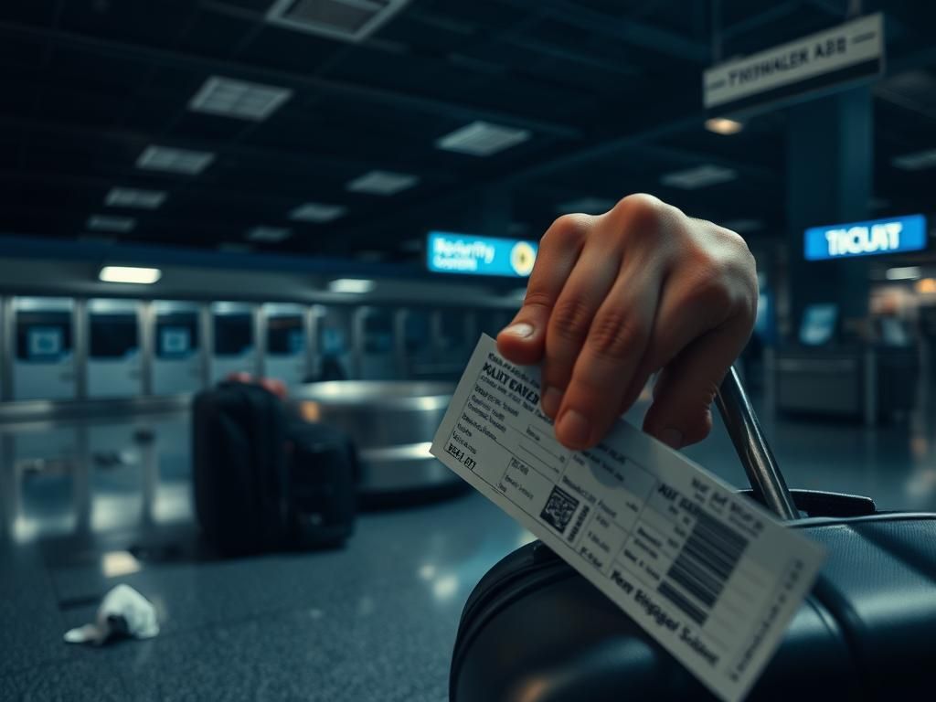 Flick International Dimly lit airport baggage claim area with scattered luggage and a discarded plane ticket