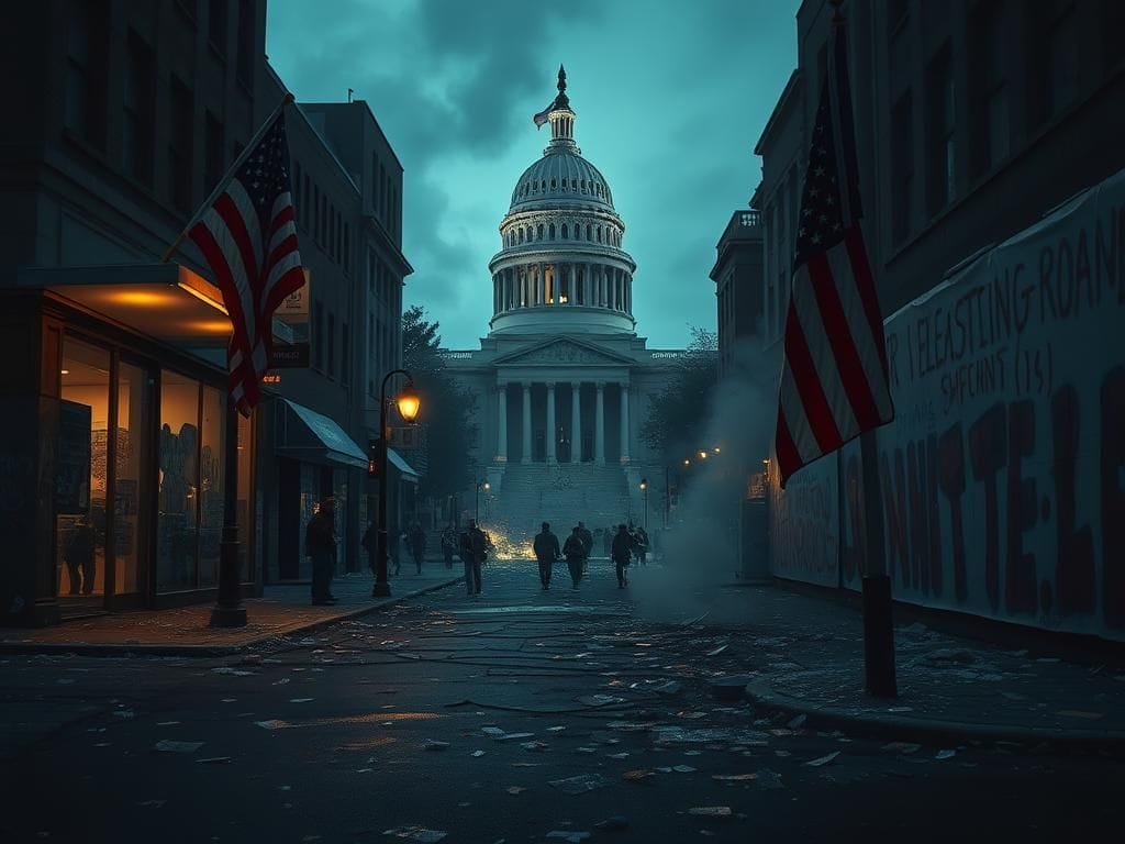 Flick International Chaotic urban scene depicting aftermath of immigration protest with shattered glass and graffiti