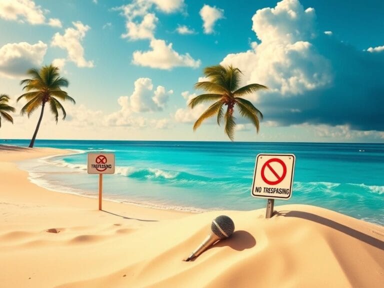 Flick International A vibrant beach scene depicting a private beach with smooth sand, gentle waves, and a 'No Trespassing' sign.