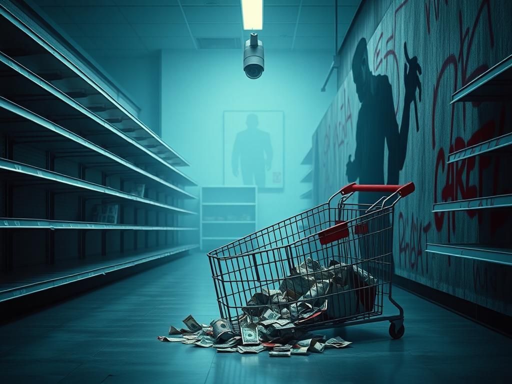 Flick International A deserted retail store aisle showing empty shelves and a tipped-over shopping cart with crumpled bills.