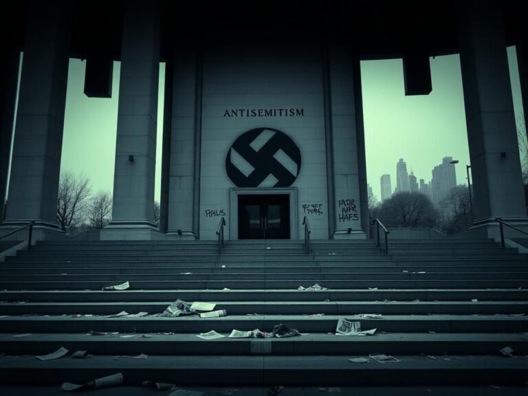 Flick International A large academic building entrance featuring a swastika graffiti symbolizing antisemitism