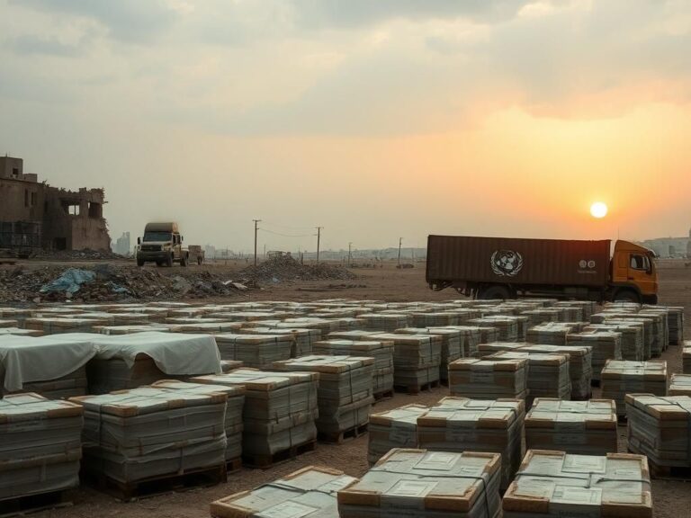 Flick International A desolate scene in Gaza with humanitarian aid pallets stacked and war-torn buildings in the background