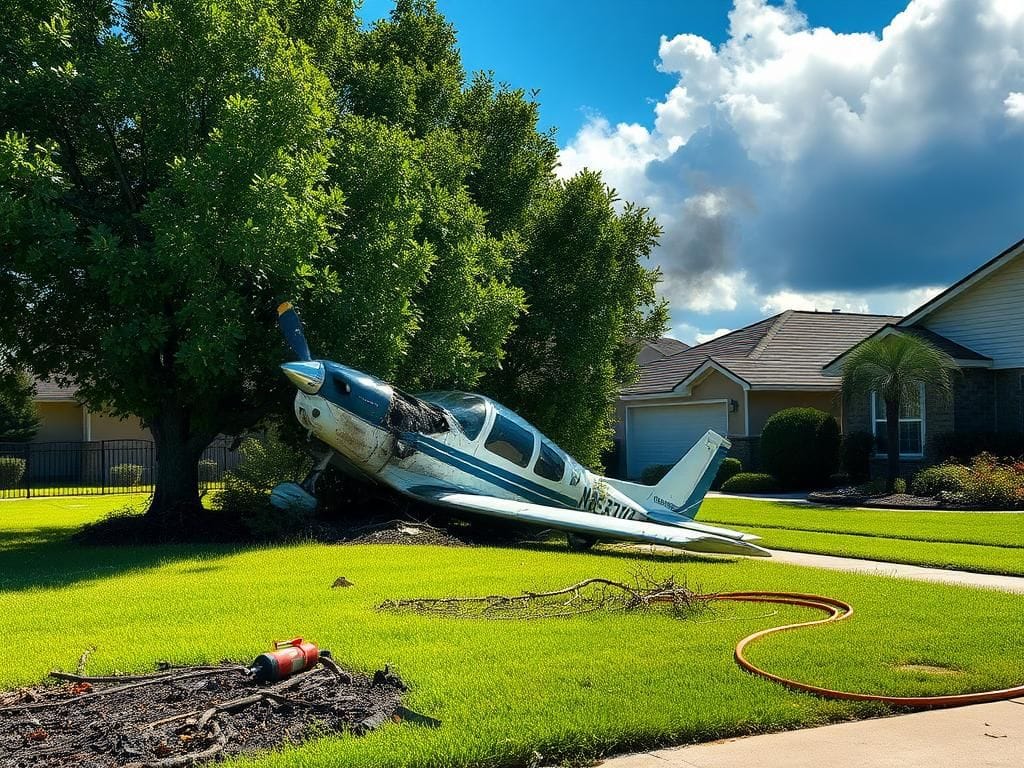 Flick International A mangled Cessna T337G small plane crash scene in a Florida neighborhood