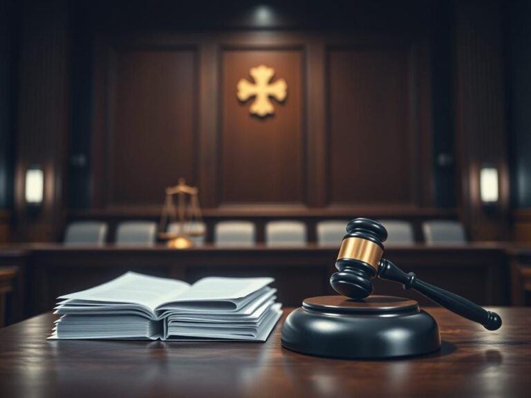 Flick International Dimly lit courtroom scene with an empty witness stand and legal documents