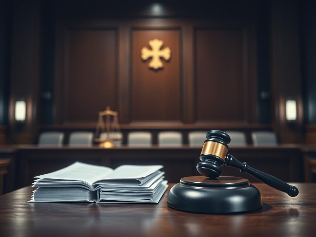 Flick International Dimly lit courtroom scene with an empty witness stand and legal documents