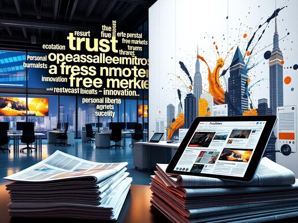 Flick International Modern newsroom environment with illuminated word cloud about trust and free markets