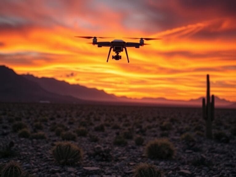 Flick International Shadowy drone hovering over the Arizona desert, emphasizing drug trafficking risks