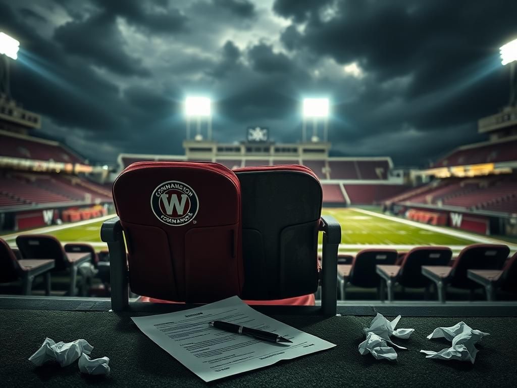 Flick International Empty weathered seat in a dimly lit stadium with Commanders logo