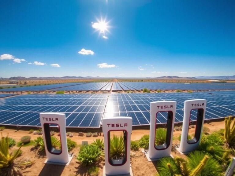 Flick International Wide-angle view of the Tesla Oasis Supercharger showing solar panels and electric vehicle charging stations