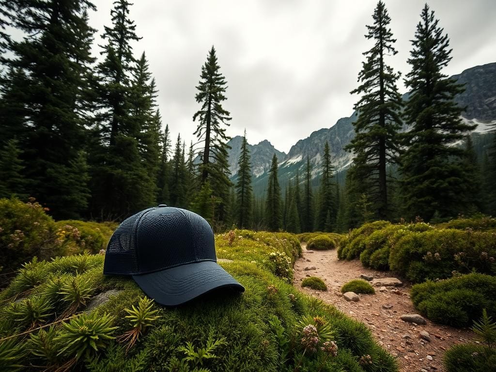 Flick International A serene landscape of Sawtooth National Forest with a trail and a black cap and backpack