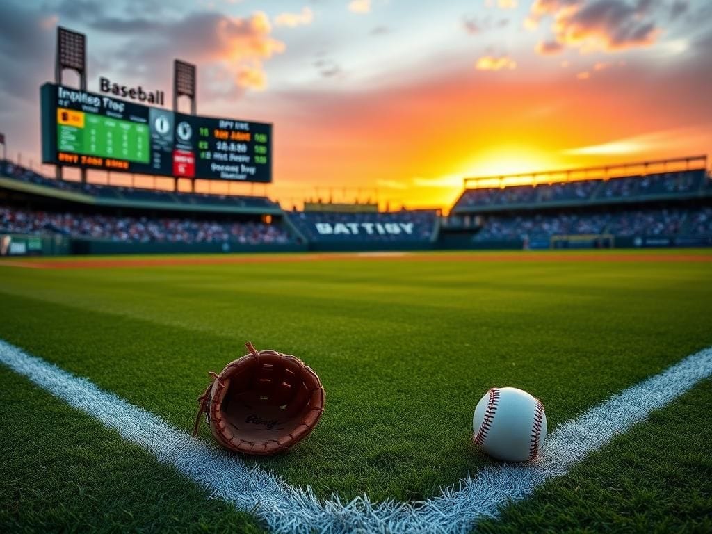 Flick International A vibrant baseball diamond at sunset with a glove and ball in the foreground