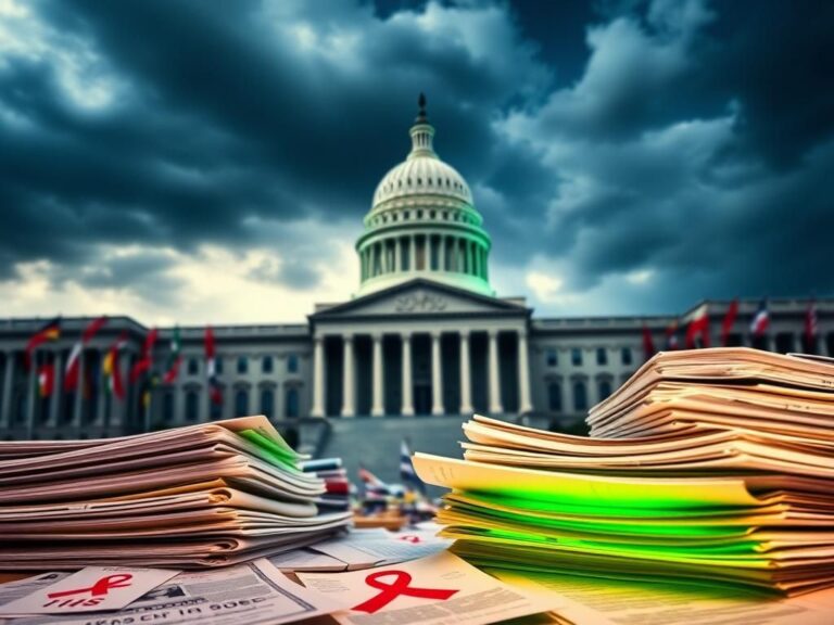 Flick International Government building symbolizing the Senate under a stormy sky with scattered documents indicating budget cuts and funding highlights.