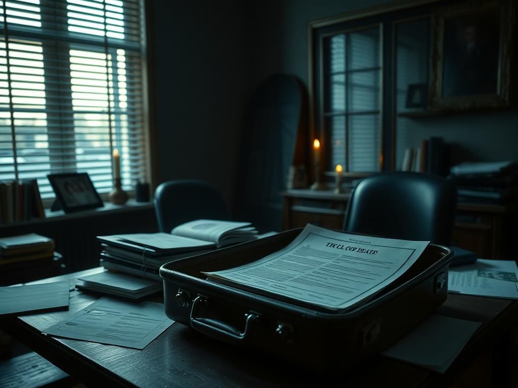 Flick International A dimly lit prosecutor's office featuring a cluttered desk with legal documents and a briefcase