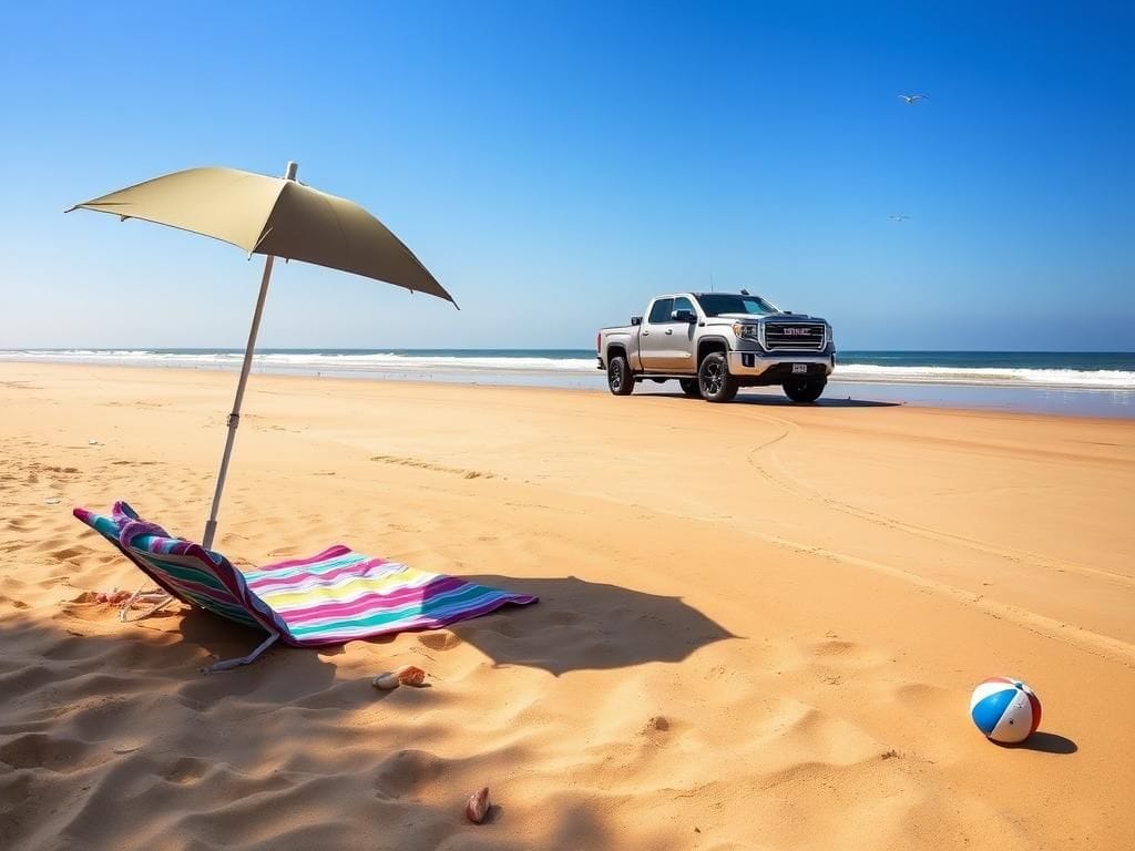 Flick International Teenage girl sunbathing on Oak Island beach near GMC pickup truck