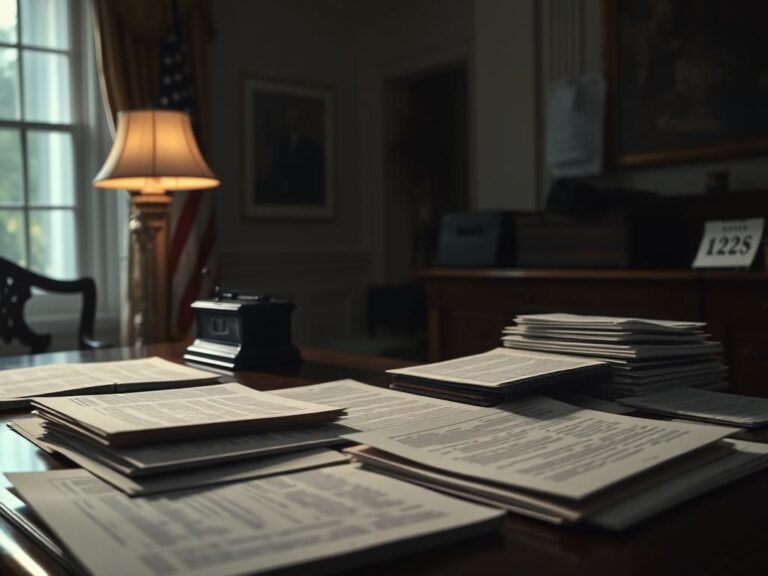 Flick International Dimly lit room in the White House featuring a vintage autopen machine on an elegant desk surrounded by stacks of documents