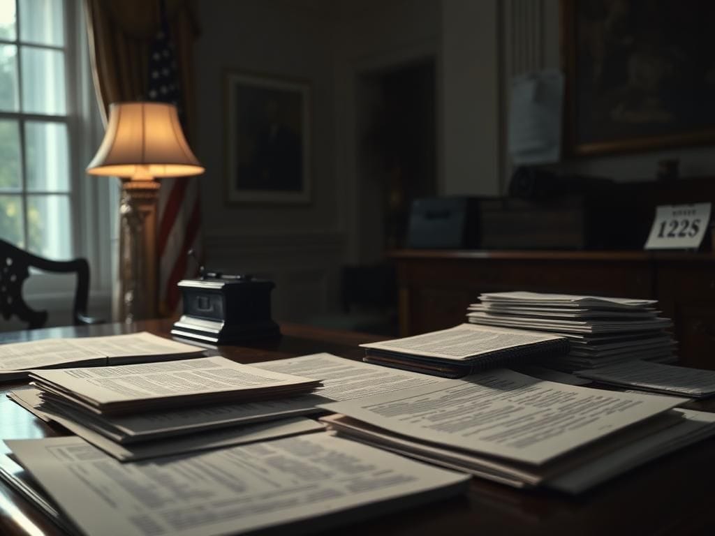 Flick International Dimly lit room in the White House featuring a vintage autopen machine on an elegant desk surrounded by stacks of documents