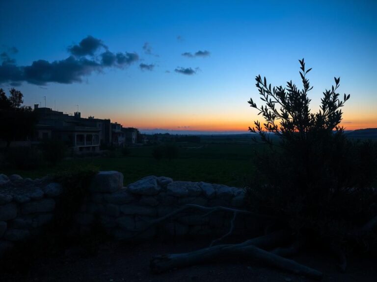Flick International Twilight scene in the West Bank village of Sinjil with traditional architecture and farmland