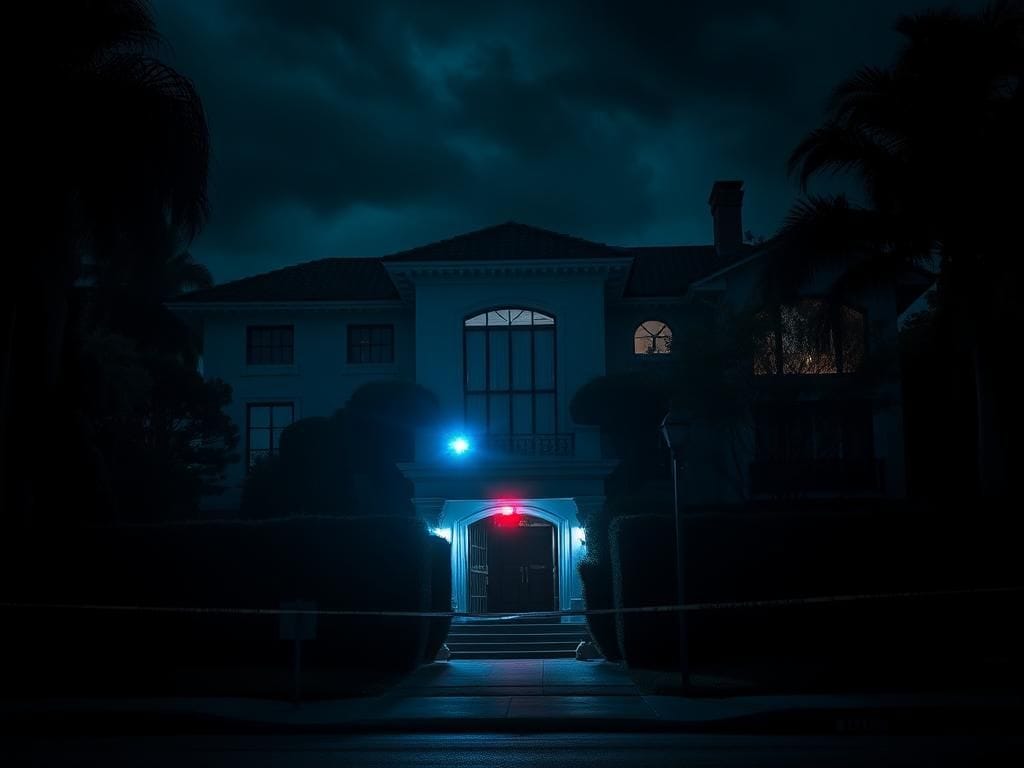 Flick International Dark scene outside a luxury LA mansion where Robin Kaye and Thomas Deluca were found murdered