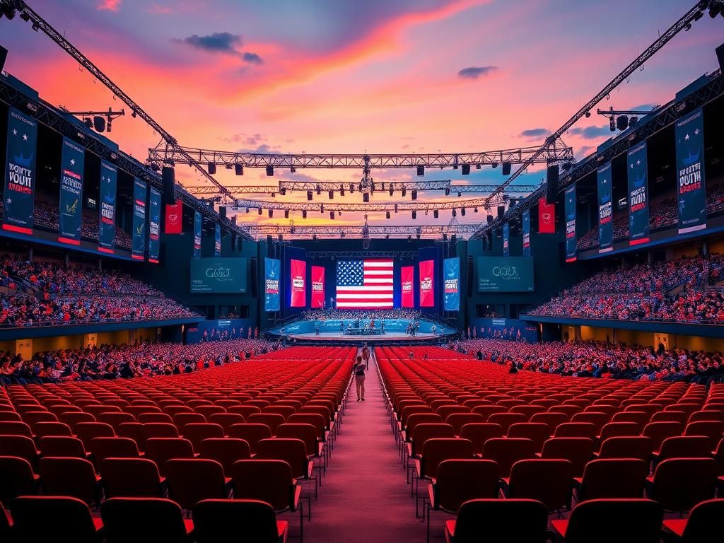 Flick International A large convention center filled with empty chairs and patriotic decorations, symbolizing the conservative wave among young Americans.