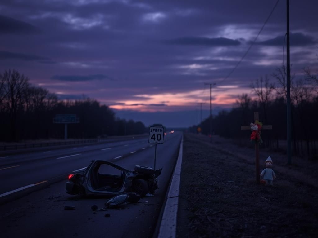 Flick International Empty highway scene at dusk depicting the aftermath of a tragic accident involving a crumpled car wreckage.