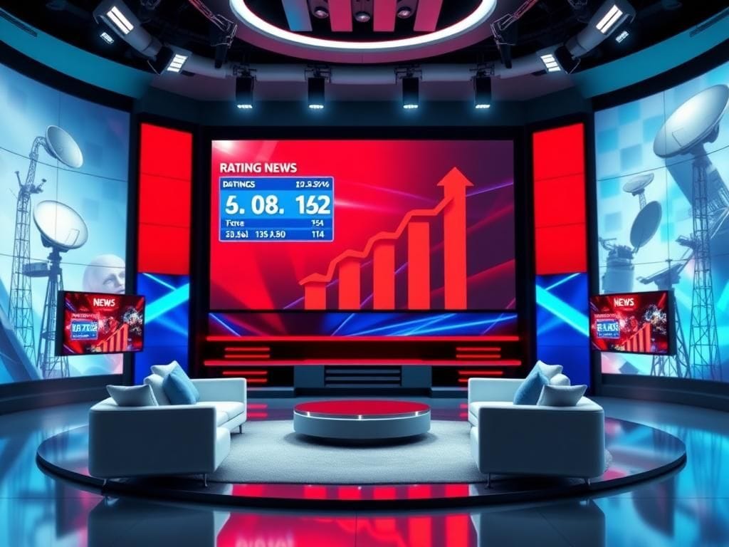 Flick International Modern television studio showcasing ratings graphics and charts
