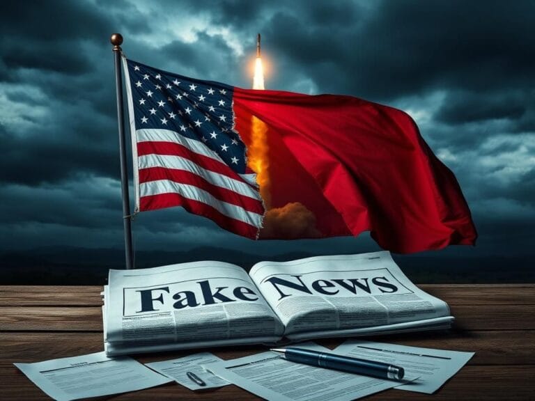 Flick International Torn US flag unfurled against a stormy sky with an open newspaper referencing fake news