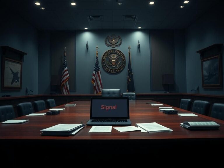 Flick International Dimly lit government hearing room featuring a large wooden desk with scattered documents and a blurred Signal chat interface on an open laptop.
