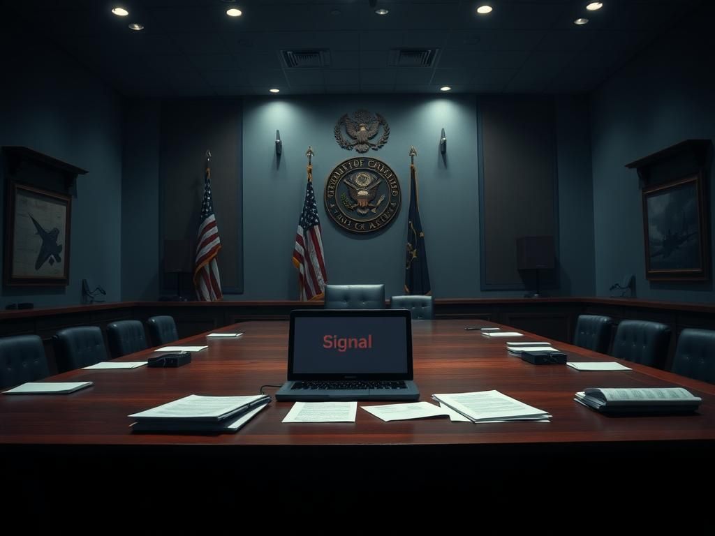 Flick International Dimly lit government hearing room featuring a large wooden desk with scattered documents and a blurred Signal chat interface on an open laptop.