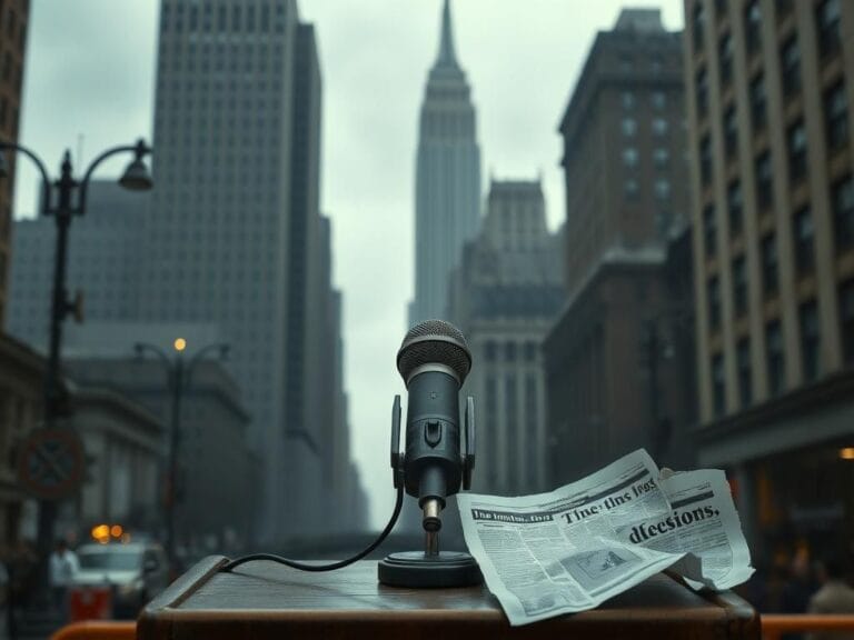 Flick International Weathered microphone on a wooden podium with crumpled press documents in a dimly lit urban setting