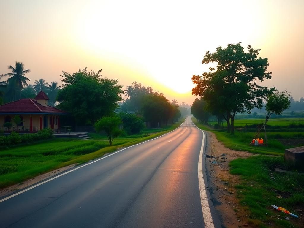 Flick International Serene morning scene of a quiet road in a rural Indian village, symbolizing endurance and ambition